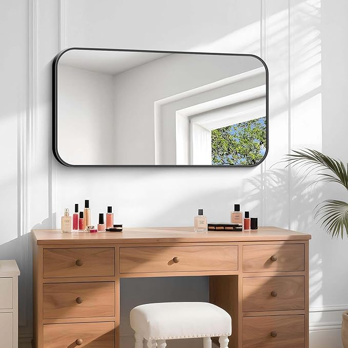 Bathroom Mirror, 48 x 24 inch Black Rectangle Wall Mirror, Metal Framed Rectangular Vanity Mirror, Rounded Corner Wall Mounted Mirror for Modern Bedroom Living Room Horizontal/Vertical