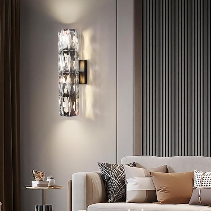 Crystal Wall Sconce Set of Two,Indoor Modern Sconces Wall Lighting,Black Wall Sconces for Bathroom,Bedroom,Living Room,Hallway