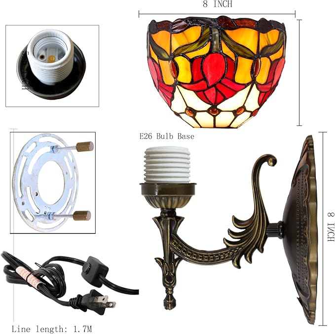 Tiffany Wall Sconce Lamp Blue Stained Glass Flower Style 8X10.5X11 Inch Plug in Wall Bedside Light for Hallway Bedroom (Tulips Style)