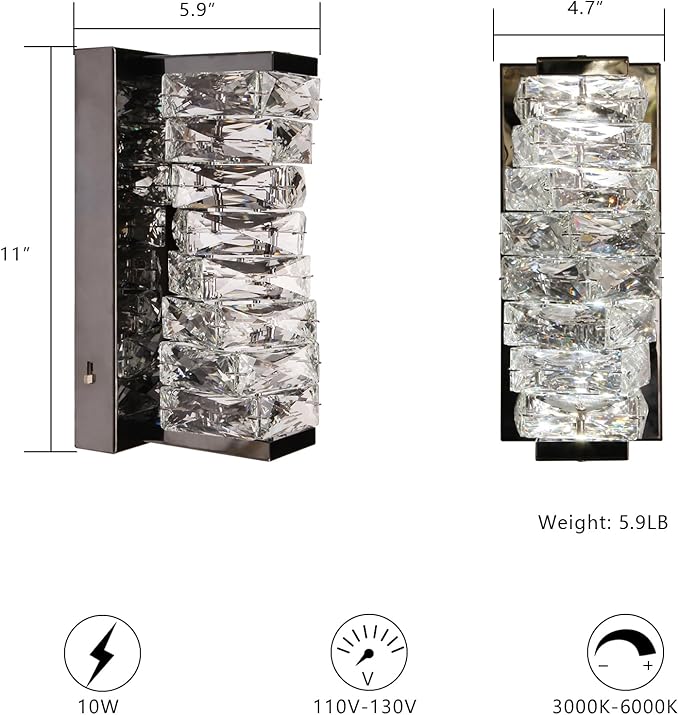 HuisMier Modern Crystal Wall Sconce, Black Dimmable LED Wall Light Fixtures with 3 Color Temperature, Luxury Black Bathroom Wall Sconce for Bedroom Living Room Mirror Stairway Hallway