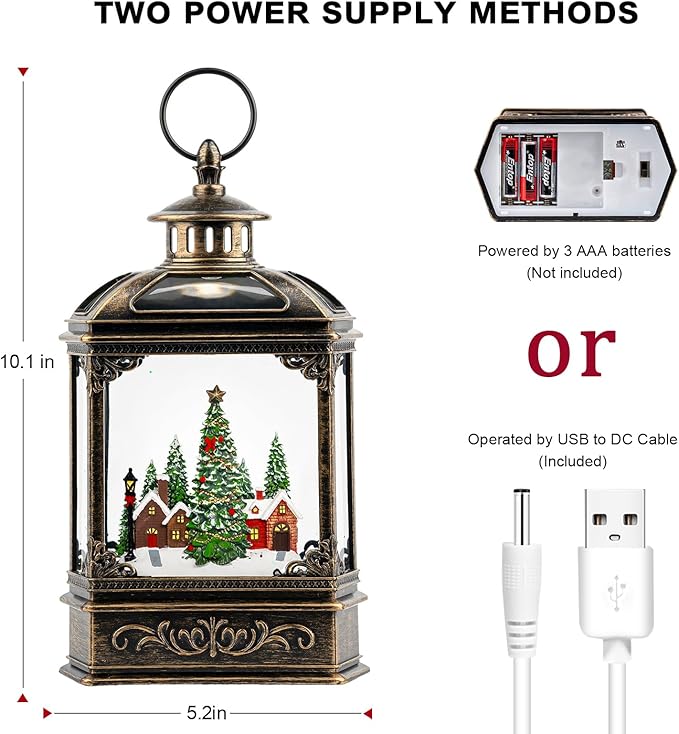 Christmas Village Snow Globe Lantern Musical Lighted Village House Water Lantern in Swirling Glitter, Christmas Home Decoration and Gift, Battery Operated or USB Powered