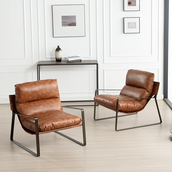 HEAH-YO Modern Accent Chair Set of 1, Upholstered PU Faux Leather Living Room Chair with Bronze Metal Legs, Comfy Arm Side Chair for Bedroom, Brown