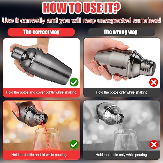 Nitial 6 Pcs Bar Cocktail Shaker Professional Stainless Steel Martini Drink Mixer Built-in Strainer for Bartending No Leaks Shaker for Bar Party Drink Mixer (Black,8 oz)