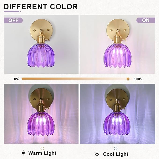 Wall Sconces Set of Two Hardwired, Vintage Sconce Light with Tulip Purple Glass Lampshade, Bathroom Wall Lights with Switch, Gold Wall Light Sconces Wall Decor Set of 2