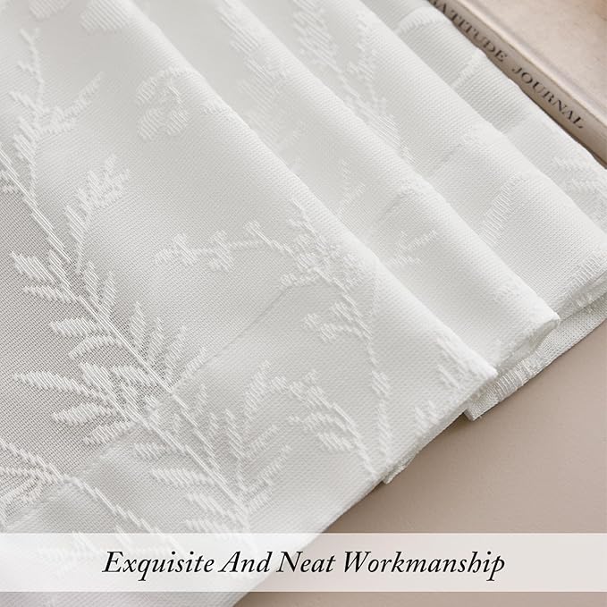 Anmao White Semi Sheer Light Filtering Extra Long Curtains 2 Panels, Leaf Pattern Drapes for Living Room Bedroom, Rod Pocket Privacy Window Treatments with Floral Design, 52x108 Inch