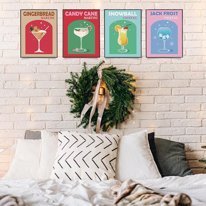 Wheatwin Retro Cocktail Christmas Wall Art Prints Set of 4, Funny Gingerbread Alcoho Wine Glass Print Cute Preppy Posters Aesthetic, Dorm Decor, Bar Party Kitchen Decor, 8x10 (Unframed)