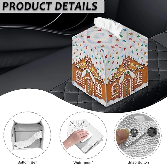 Christmas Tissue Box Square Cover Holder & Dispenser Modern Decorative PU Leather Tissue Box Holder Aesthetic Facial Paper Organizer Dispenser for Bedroom/Bathroom/Kitchen