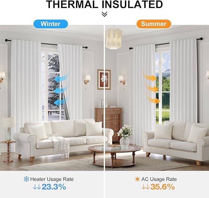 100% Blackout Curtains for Bedroom, Thermal Insulated Curtains 63 Inch Length Curtain 2 Panels, Luxury Soft Farmhouse Linen Textured Full Light Blocking Room Darkening Drapes, W52xL63, White