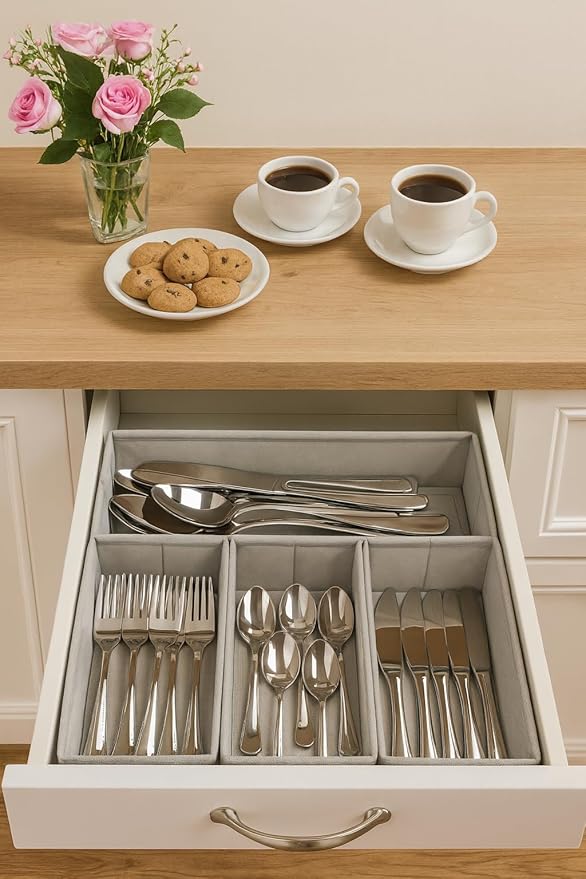 Kitchen Drawer Organizer – Set of 4 Rigid Fabric Bins – Fits Gallon, Quart, Sandwich & Snack Bags – Also Great for Utensils & Silverware