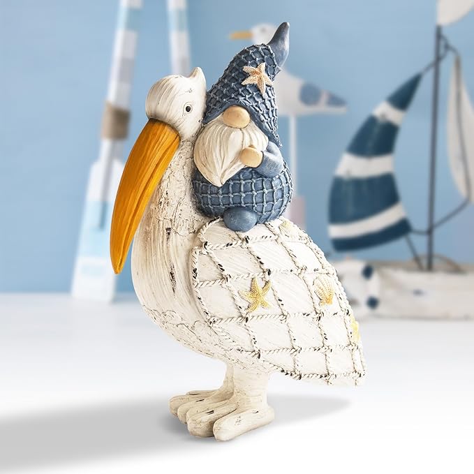 11.5in Pelican Gnome Figurine Decor, Resin Beach Coastal Statue for Home Table, Summer Theme Pool Garden Yard Ornaments Outdoor Gifts