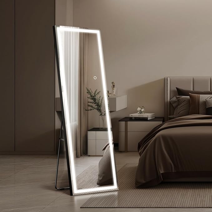 Kosmonia 56"x18" Full Length LED Mirror with Lights, Dimmable Standing/Wall Mirror for Bedroom, Full Body Lighted Floor Mirror, Tempered Glass