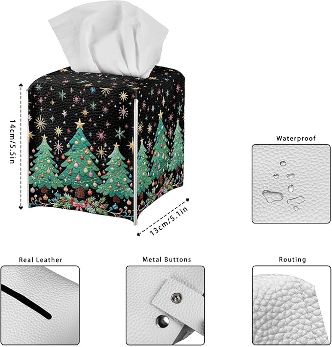 Christmas Tree Tissue Box Cover Square PU Leather Tissue Case Facial Paper Organizer Dispenser Aesthetic Modern Home Decorative for Bedroom Bathroom Kitchen Living Room, 5.1''x5.1''