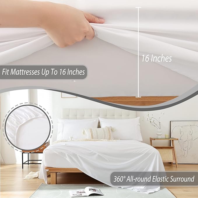 Queen Sheet Set White, Super Soft Microfiber Bed Sheets Queen Size Extra Deep Pocket, Hotel Cooling Bedding Sets, Wrinkle Free Oeko-Tex, 4 Piece