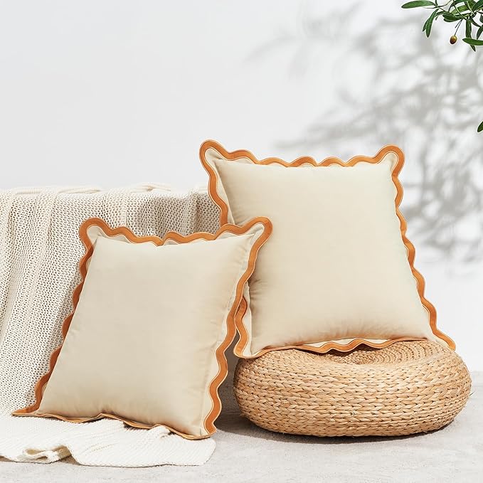 MONDAY MOOSE Decorative Throw Pillow Covers Cushion Cases, Set of 2 Soft Velvet Scalloped Wavy Edge Designs, Mix and Match for Home Decor, Pillow Inserts Not Included (Honey/Cream, 20x20 inch)