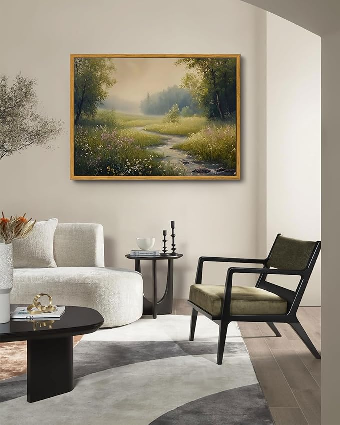 KISSFOX Vintage Landscape Canvas Wall Art Spring Nature Meadow Stream Wildflowers Tree Framed Wall Art Farmhouse Cottagecore Art Prints Artwork For Living Room Bedroom Kitchen