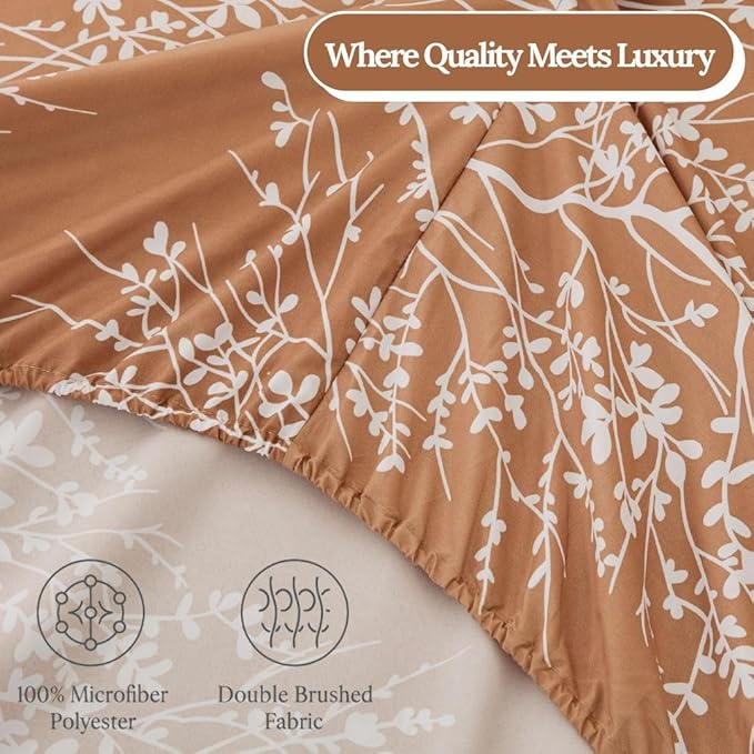Spirit Linen home Twin Sheets Sets - Pure Microfiber 3 Piece Polyester Bed Sheets, Fitted Sheet & Pillow Cases - Twin Sheets for All Seasons (Foliage Taupe/White, Twin/Twin XL)