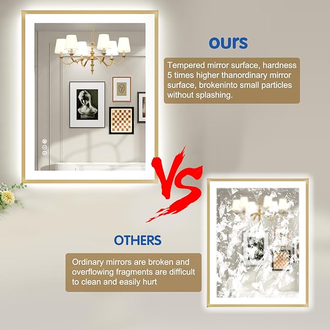 72x36 LED Bthroom Mirror with Gold Metal Frame, Dimmable Lighted Mirror with Backlit and Front-lit,LED Vanity Mirror for Wall, Memory Function, Tempered Glass, Anti-Fog