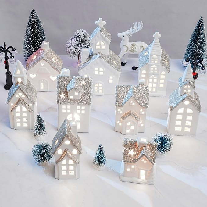 Set of 28 Ceramic Christmas Village Sets 9 Pieces White House with 17 Pieces Snow Tree 2 Lamp Vintage Christmas Decoration for Mantle Table Top Decor (Classic)