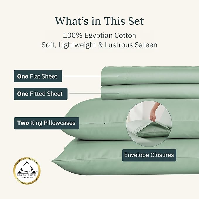 California Design Den Certified Luxury 100% Egyptian Cotton Sheets King Size Set - Deep Pocket Sateen King Bed Sheets for Hot Sleepers, Cool and Durable Luxury Bedding Set - Mint Green