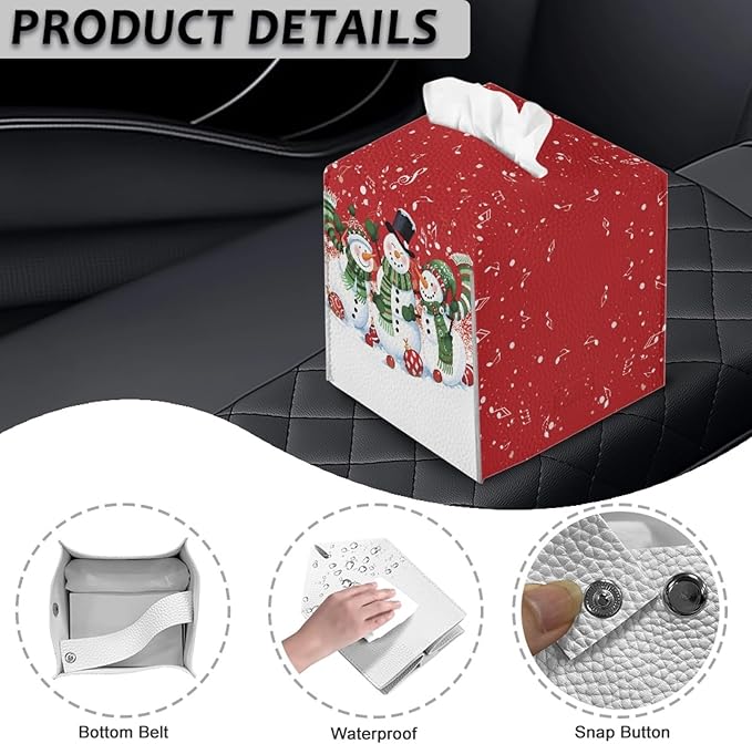 Christmas PU Leather Tissue Box Cover Aesthetic Desk Decor for Home Office Car, Snowman Print Tissues Cube Boxes Holder Bedroom/Bathroom/Kitchen Facial Napkin Holder Storage