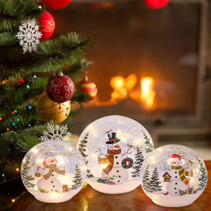 PHITRIC Christmas Decorations Indoor, 3 pcs Sparkling Snowman Globes with LED Lights and Timer, Tabletop Xmas Decor for Fireplace, Table, Home Decor Indoor
