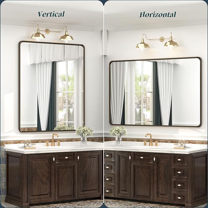 OKPAL 24x36 Bronze Bathroom Mirror, Brushed Metal Bathroom Vanity Mirrors for Wall, Bronze Rectangle Framed Bathroom Mirror, Anti-Rust (Horizontal/Vertical)
