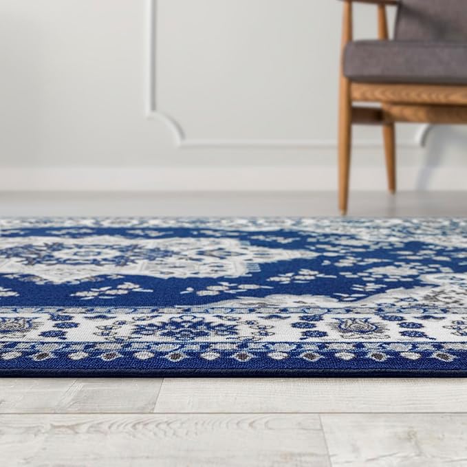 Antep Rugs Alfombras Oriental Traditional 5x7 Non-Skid (Non-Slip) Low Profile Pile Rubber Backing Indoor Area Rugs (Navy Blue, 5' x 7')