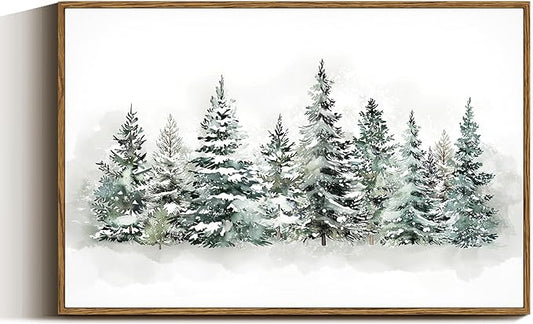 VIYYIEA Framed Canvas Wall Art, Vintage Christmas Decor, Large Winter Pine Forest Watercolor Picture Paintings Gifts, Retro xmas Nature Decorations for Bedroom Living Room Fireplace, 16x24In