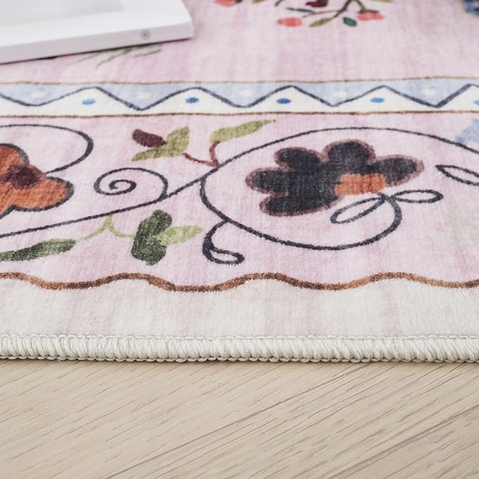 Rugcomf Runner Rug for Kitchen Non Slip 2'x6' Washable Rugs with Rubber Backing Soft Floral Animal Cat Carpet Runner for Kitchen Laundry Bedroom Bathroom, Pink