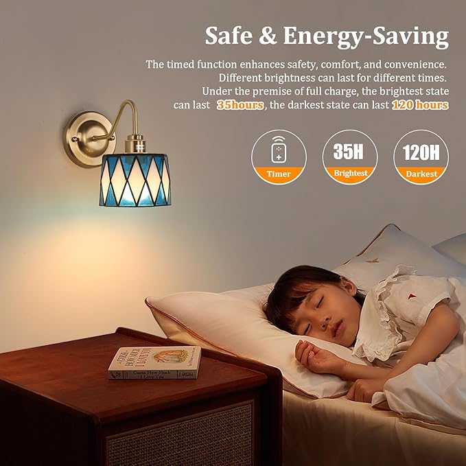 Vintage Battery Operated Wall Sconce Set of 2, 5000mAh Rechargeable Wall Lamp 12 RGB Colors Dimmable, Gold Lights Fixture for Bedroom Bathroom Living Room Hallway Blue Checker