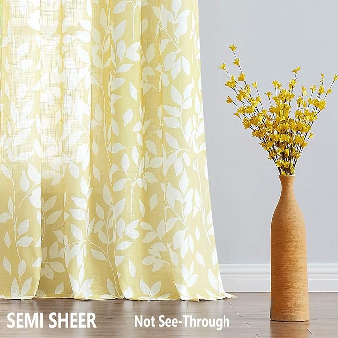 Treatmentex Semi-Sheer Curtains for Living Room Windows 95" Long White and Yellow Leaf Print Curtains for Girl's Room, Bedroom Grommet Top Curtain Panels, Mustard Yellow, 1 Pair