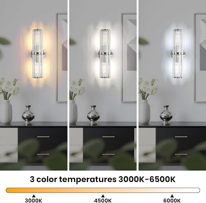 Crystal Wall Sconce Set of 2, Brushed Nickel Luxury Indoor Vanity Wall Lamp, 15.7-Inch Upper and lower illuminated Bathroom Light Fixtures, for Living Room, Bedroom, Bathroom, Hallway, Mirror, E26