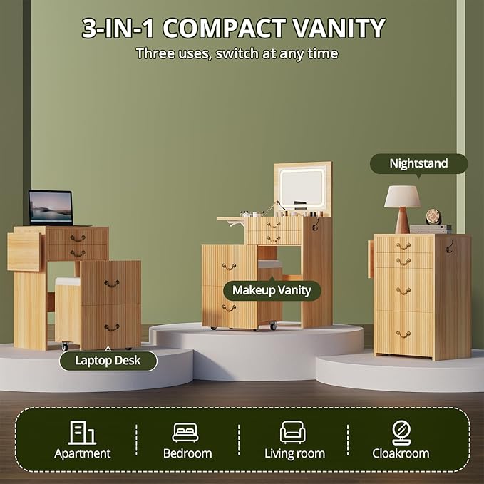 FURSUN 3-in-1 Vanity with Flip Mirror & Lights, Fluted Compact Vanity Table with 3 Drawers, Storage Compartment and Rolling Stool, Modern Small Makeup Vanity for Bedroom, Powder Room, Natural Oak