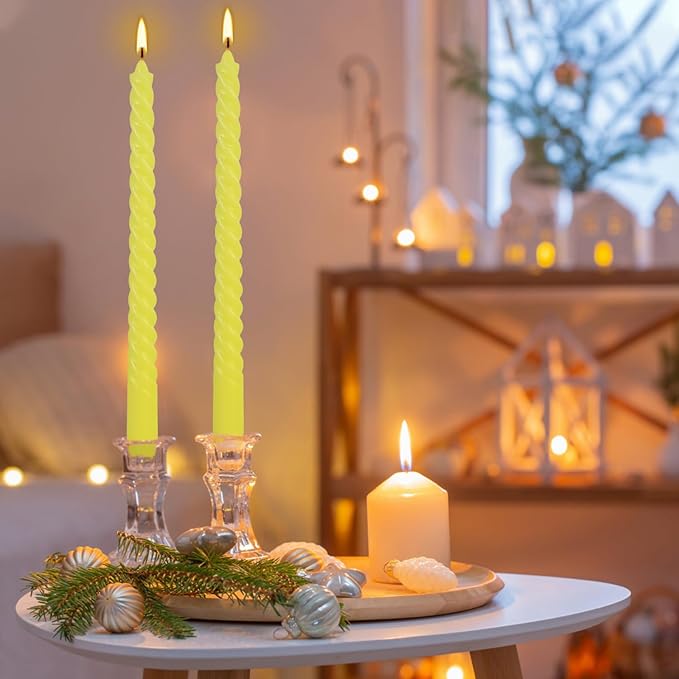 12 Pack 10 inch Yellow Spiral Taper Candles - Dripless, Smokeless, Unscented - 7 Hours Long Burning - Spiral Tall Candlesticks - Perfect for Home Decor, Weddings,Halloween, and Special Occasions.