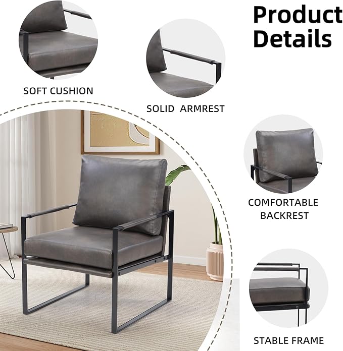 INZOY Mid Century Modern Accent Chair with Removable Cushions Set of 6, Comfy PU Leather Living Room Chairs with Thicker Backrest and Cushion, Metal Frame Design, Dark Grey