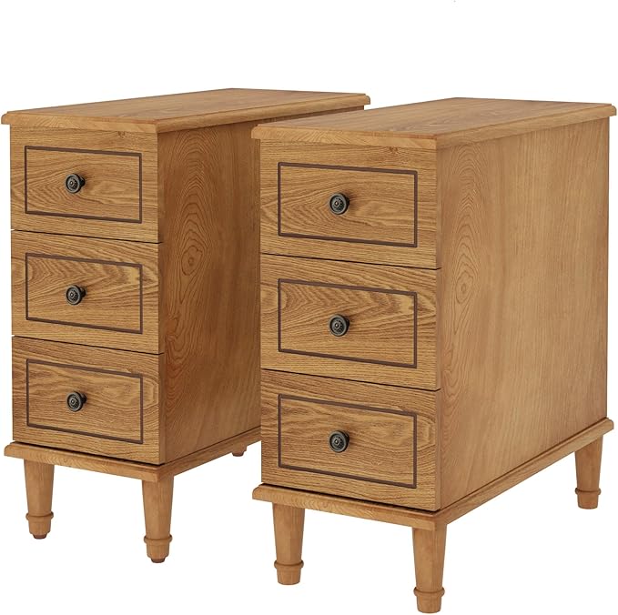 Tribesigns Solid Wood End Table, Fully Assembled Narrow Side Table with Drawers, Pre-Assembled Nightstand Slim Bedside Table for Small Spaces, Living Room, Bedroom, Wood Color, 2 Pcs