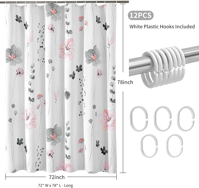 QiyI Long Shower Curtain 72 x 78, Modern Watercolor Floral Bath Curtain, 3D Embossed Texture Grey Pink Flower Cloth Bathroom Curtain, Waterproof Fabric Rustic Farmhouse Shower Curtain Set with Hooks
