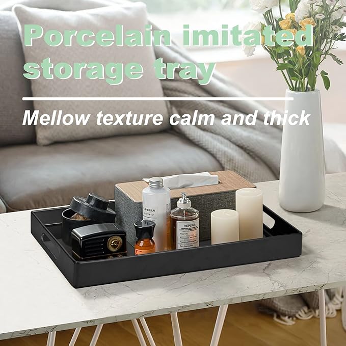 Serving Tray with Handles-10x15Inch Black Melamine Modern Serving Platters,Serving Wine,Coffee,Breakfast/Kitchen Countertop Tray/Makeup Drawer Organizer/Vanity Table Tray/Decorative Tray