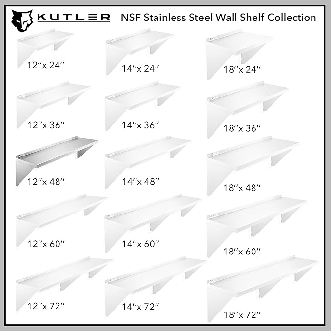 KUTLER Stainless Steel Shelf - 12" x 48", NSF Commercial Wall Mount Shelves with Backsplash, Floating Metal Shelving for Restaurant, Kitchen, Home