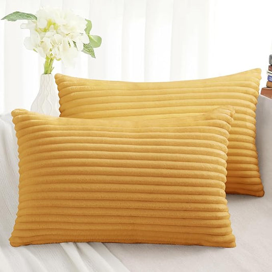 Simmore Decorative Fall Throw Pillow Covers 12x20 Set of 2, Soft Natural Plush Flannel Double-Sided Fluffy Lumbar Pillow Covers for Couch Sofa Living Room, Mustard Yellow
