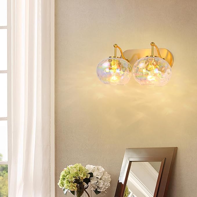 Brushed Gold Vanity Light Stained Hammered Glass Wall Sconce 2-Light Brass Wall Lamp for Hallway Living Room Stairwell Bathroom Over Mirror (Brass Gold, 2-Light)