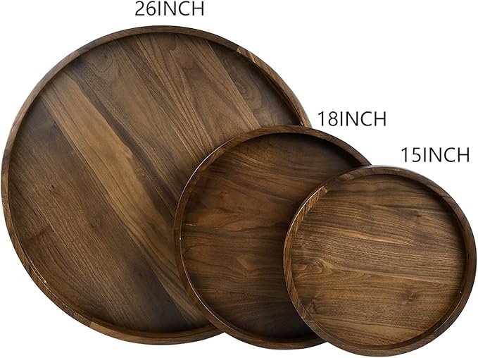 26 x 26 inches Extra Large Round Ottoman Table Tray, Wooden Solid Black Walnut Circle Platter Decorative Serving Tray with Handle for Oversized Ottoman Home Breakfast in Bed Tea Coffee