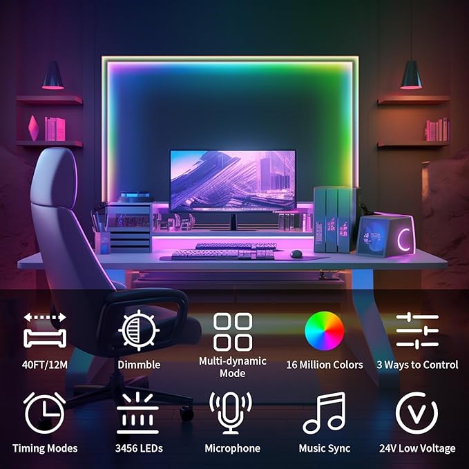40ft COB RGB+IC LED Strip Lights, Bright Dream Color COB LED Light Strip with RF Remote App Control Music Sync Color Changing for Game Room Bedroom Kitchen Lighting Home Decor(2 Rolls)