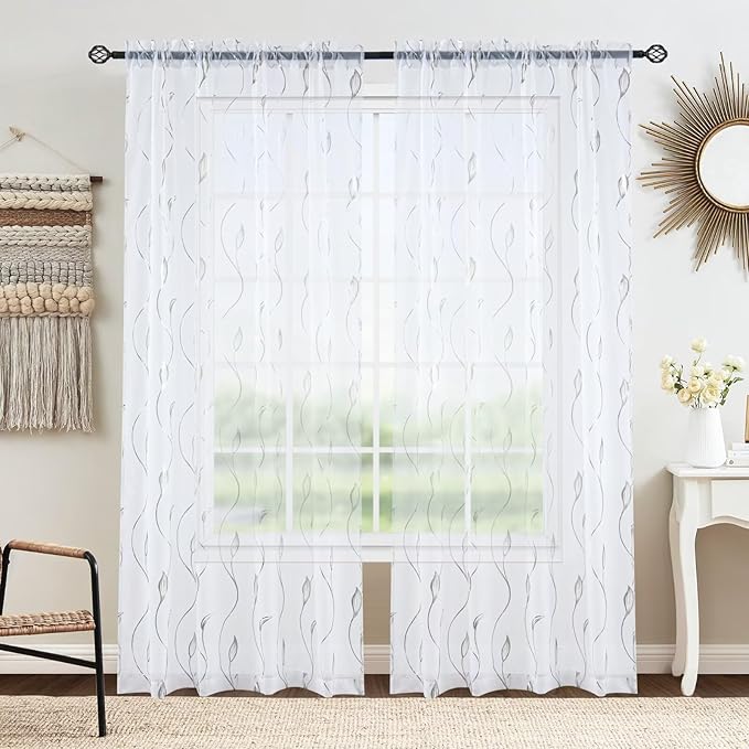 Silver Foil Print Sheer Curtains 84 inches Long, 2 Panels Ginkgo Bronzing Treatment Sheer Curtain, Rod Pocket Window Treatment Panels for Bedroom Living Room