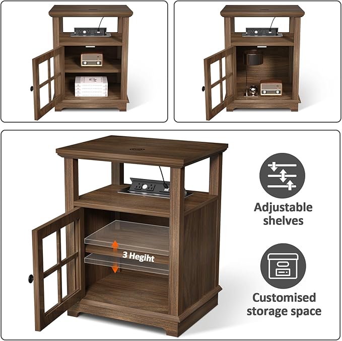 HIFYOBRO 18'' End Table with Charging Station, Adjustable Shelf & Storage, Modern Farmhouse Nightstand for Bedroom, Living Room, Office