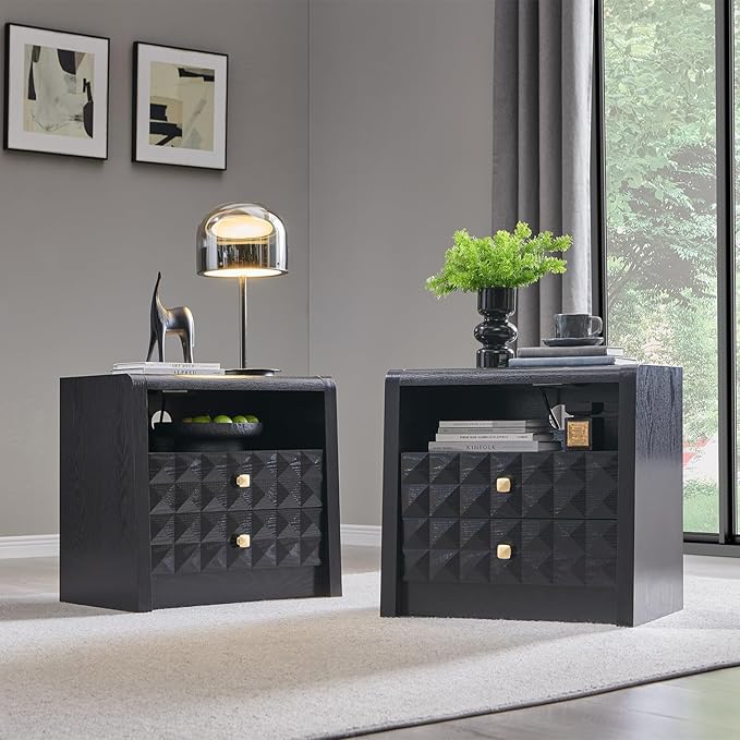 Modern Night Stand Set 2, 23.62" Wide Wood Side Table w/2 Storage Drawers &Open Shelf &Charging Station, Mid Century Modern Bedside w/Diamond Panel Decorate for Bedroom, Curved Profile Design, Black
