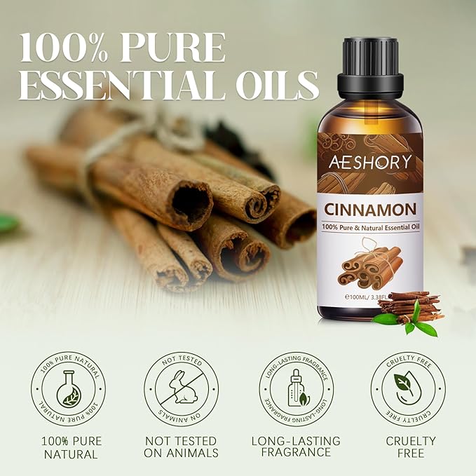 Cinnamon Essential Oil 3.38FL.OZ - Aromatherapy Essential Oils for Diffusers for Home, Cinnamon Scented Oils for Massage, Soap Candle Making Scents - 100ML