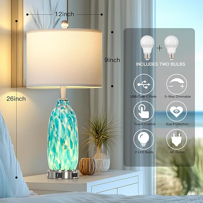 26" Peacock Green Glass Table Lamps Set of 2,Coastal Nautical Bedside Lamps with USB Ports & AC Outlet,Lamparas Elegantes para Cuarto with Night Light for Bedroom Living Room Decoration