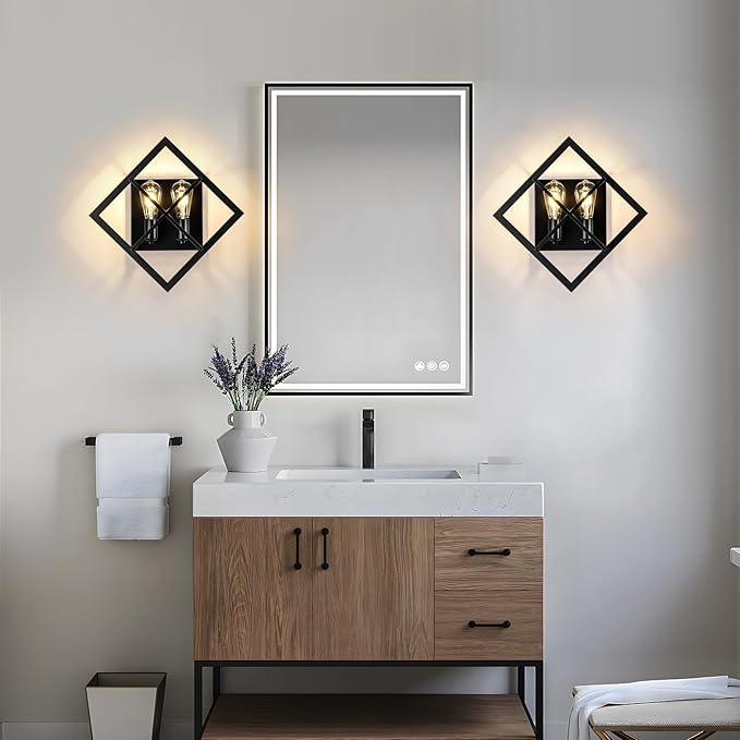 Farmhouse Wall Sconce with Black Finish,Set of 2 Rustic Wall Sconces Indoor Wall Light Fixtures 17.8in for Stairway, Living Room, Bedroom, Bathroom (2 Light,E26 Base, No Bulbs)