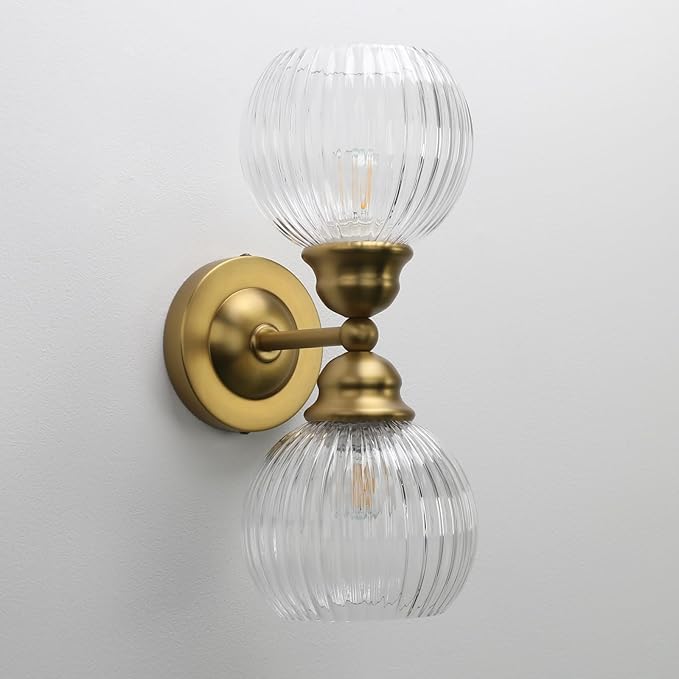 Pathson 2 Heads Wall Sconce Striped Glass Shade, 2-Light Modern Bathroom Sconces Wall Vanity Light Fixtures Brass Finish, Vintage Wall Sconce Lamp for Mirror Living Room Bedroom Farmhouse Lighting